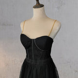 Black Tulle Delicate Spaghetti Straps Sweetheart Wedding Dress