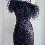 Farrah |Sheath Sequin Homecoming Dress with Feather