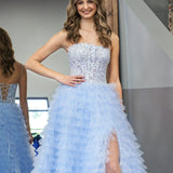 Jordan | Sky Blue A-Line Tiered Sequins Tulle Long Prom Dress