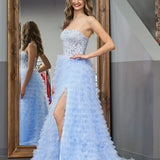 Jordan | Sky Blue A-Line Tiered Sequins Tulle Long Prom Dress