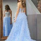 Jordan | Sky Blue A-Line Tiered Sequins Tulle Long Prom Dress