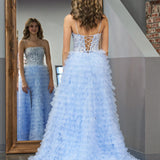 Jordan | Sky Blue A-Line Tiered Sequins Tulle Long Prom Dress