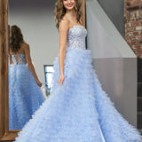 Jordan | Sky Blue A-Line Tiered Sequins Tulle Long Prom Dress