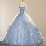 Blue Ball Gown with Scattered Little Flower Prom Dress