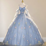 Blue Ball Gown with Scattered Little Flower Prom Dress