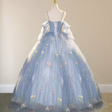 Blue Ball Gown with Scattered Little Flower Prom Dress