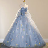 Blue Ball Gown with Scattered Little Flower Prom Dress