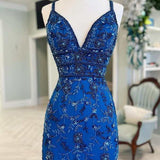 Blue Floral Lace Beaded Lace-Up Back Cocktail Dress