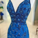 Blue Floral Lace Beaded Lace-Up Back Cocktail Dress