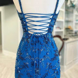 Blue Floral Lace Beaded Lace-Up Back Cocktail Dress