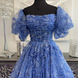 Hanni |  Blue Puff Sleeves Ruffles A-line Prints Homecoming Dress