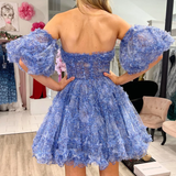 Hanni |  Blue Puff Sleeves Ruffles A-line Prints Homecoming Dress