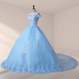 Royal Blue Lace Off the Shoulder Quinceanera Dresses with Flowers