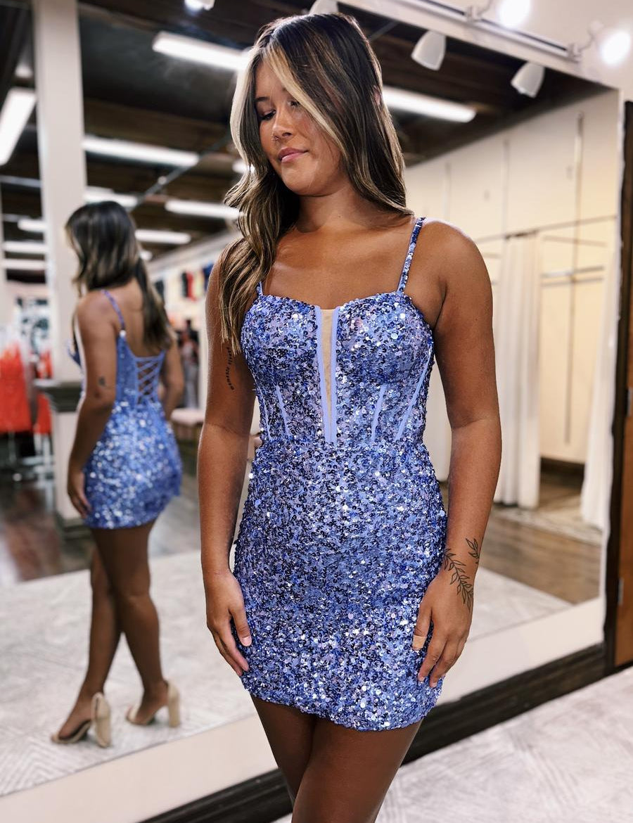 Blue Sequin Scoop Neck Lace-Up Short Tight Homecoming Dress