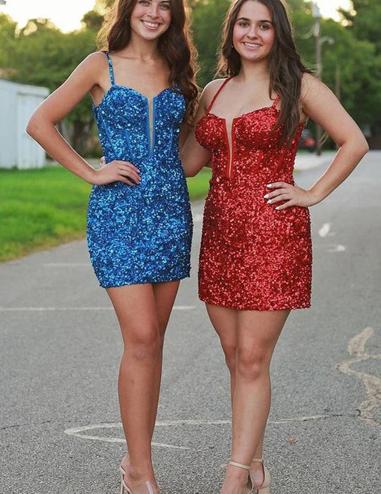 Blue Sequin Scoop Neck Lace-Up Short Tight Homecoming Dress