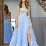 Jordan | Sky Blue A-Line Tiered Sequins Tulle Long Prom Dress