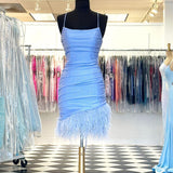 Anastasia |Sheath Blue Homecoming Dress with Feathers