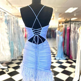 Anastasia |Sheath Blue Homecoming Dress with Feathers