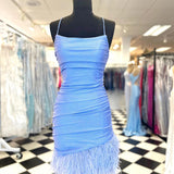 Anastasia |Sheath Blue Homecoming Dress with Feathers