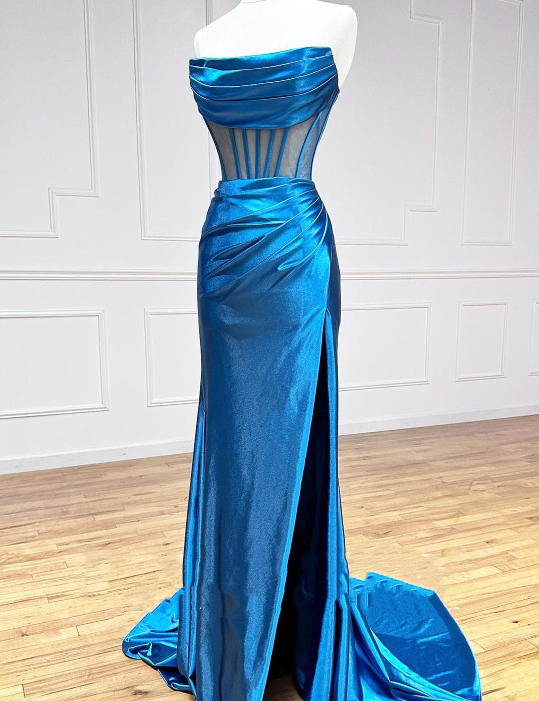 Strapless Pleated Boning Sheer Long Prom Dress with Slit