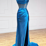 Strapless Pleated Boning Sheer Long Prom Dress with Slit