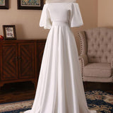 Off-the-Shoulder Simple White Satin Wedding Dress with Half Sleeves