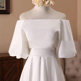 Off-the-Shoulder Simple White Satin Wedding Dress with Half Sleeves