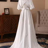 Off-the-Shoulder Simple White Satin Wedding Dress with Half Sleeves