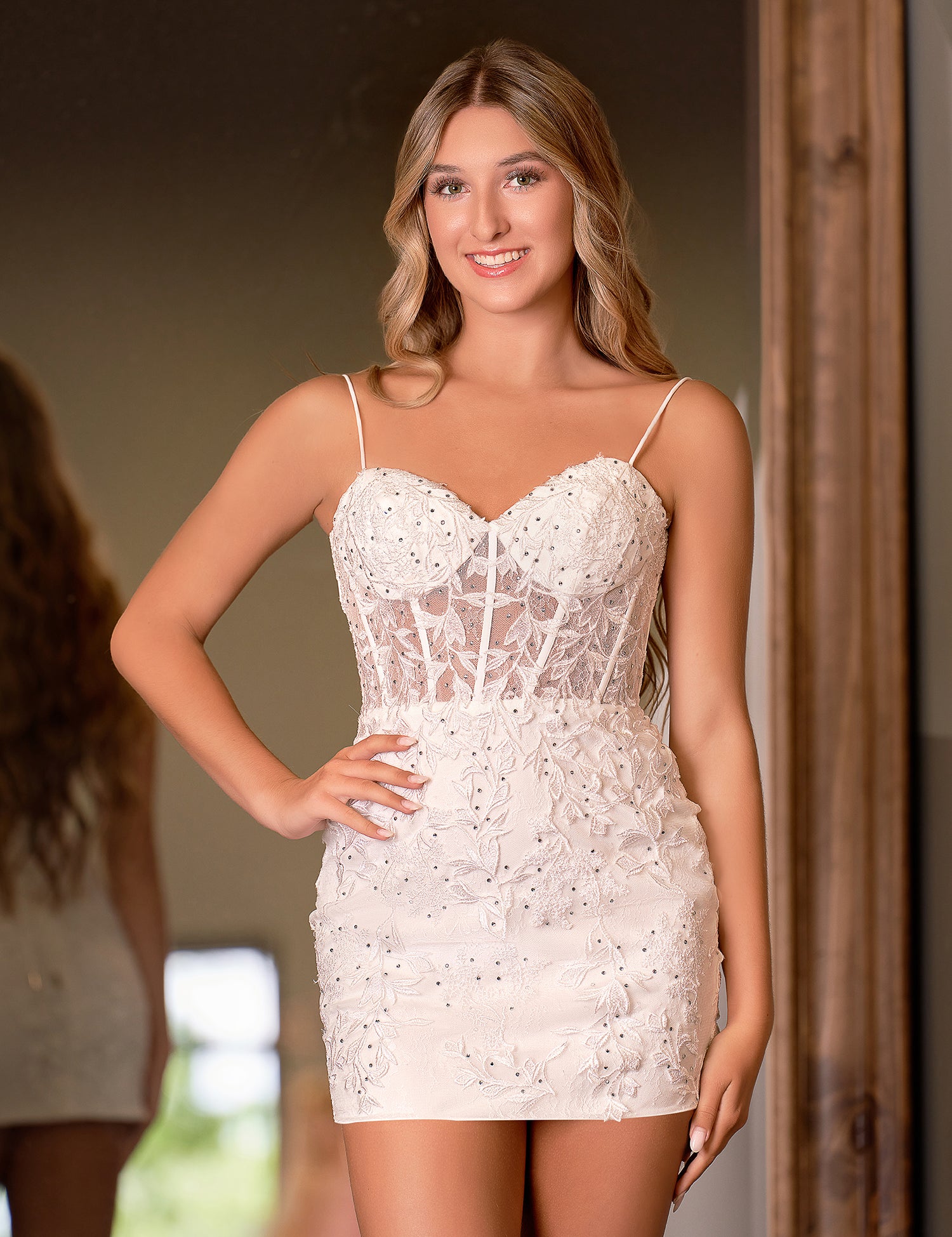 Ellie | Bodycon Champagne Spaghetti Straps Tight Short Homecoming Dress with Appliques