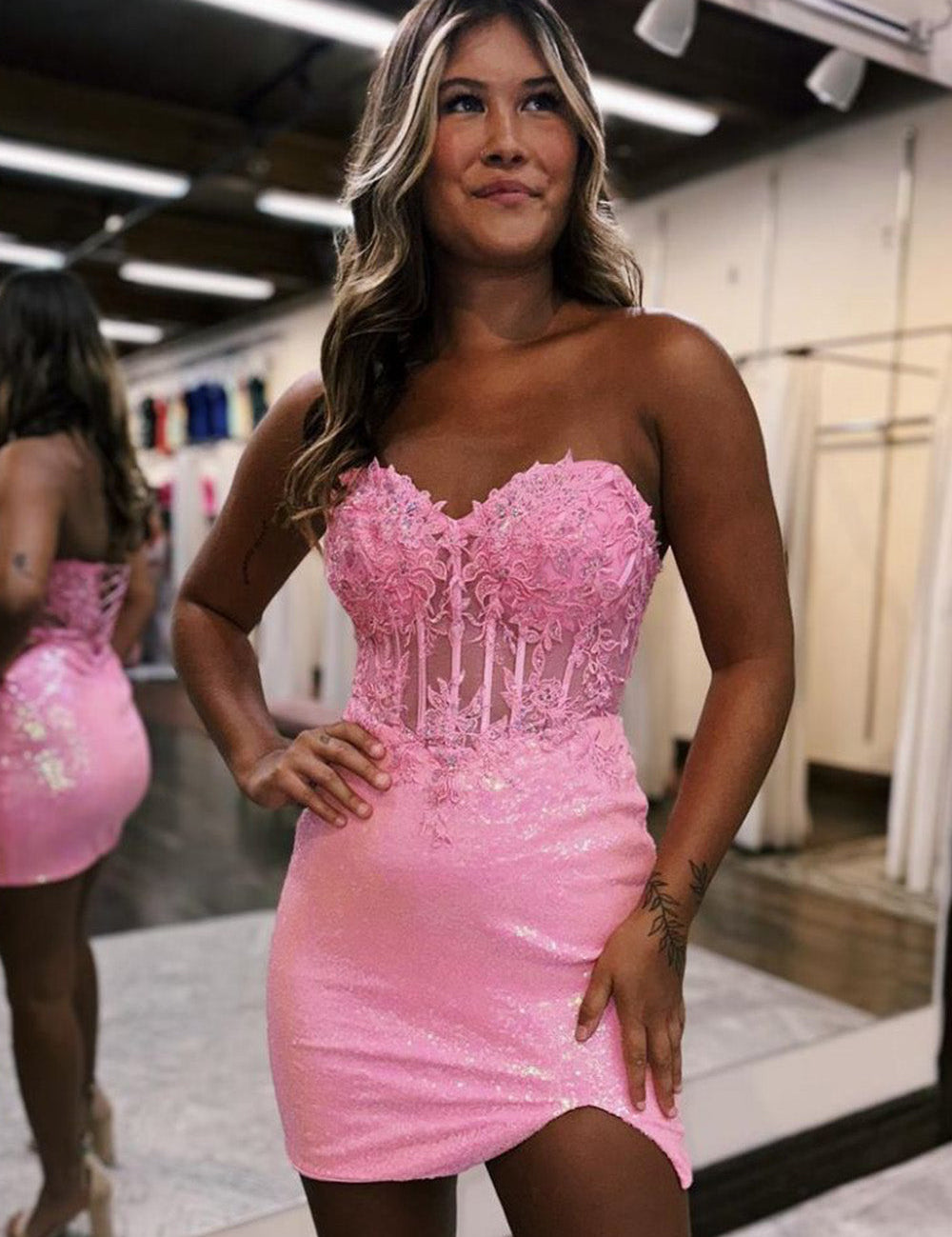 Bodycon Sparkly Sequin Strapless Short Homecoming Dress with Split