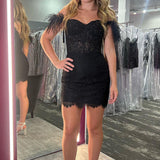 Bodycon Sweetheart Black Lace Short Homecoming Dresses with Feather