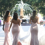 Mermaid Strapless Blush Pink Satin Bridesmaid Dresses Long Party Dresses