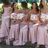 Mermaid Strapless Blush Pink Satin Bridesmaid Dresses Long Party Dresses