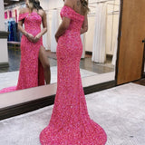 Glitter Mermaid One Shoulder Pink Long Prom Dress With Slit