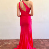 Patrice | Simple Mermaid Red Satin One Shoulder Long Prom Dress with Slit