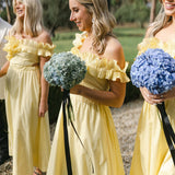 Yellow Off the Shoulder Ruffle Satin Ankle Length Bridesmaid Dresses