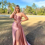 Shannon |Charming Mermaid One Shoulder Satin Prom Dresses with Slit