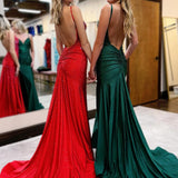 Royal Blue Beaded V Neck Mermaid Long Prom Dresses with Slit