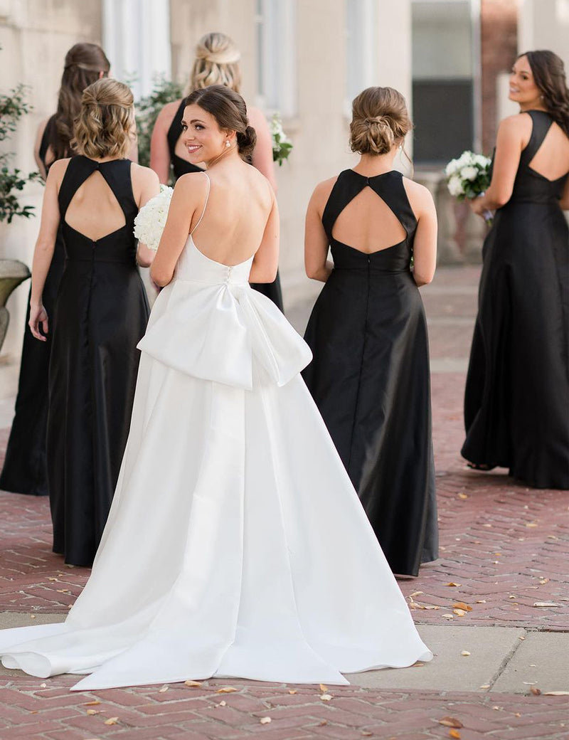 Simple A-Line Round Neck Black Satin Long Bridesmaid Dresses