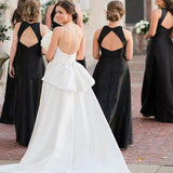 Simple A-Line Round Neck Black Satin Long Bridesmaid Dresses