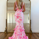 Bailey | Pink V Neck Sequin Lace Mermaid Prom Dress