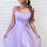 A Line Purple Backless Tulle Long Prom Dress