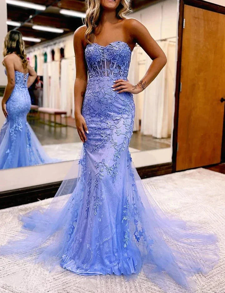 Evie |Mermaid Sweetheart Neck Lace Long Prom Dress With Appliques