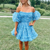 Hanni |  Blue Puff Sleeves Ruffles A-line Prints Homecoming Dress