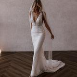 Sparkly Mermaid V Neck Sequins Lace Long Wedding Dresses