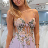 Lilac Sweetheart Chiffon Long Prom Dresses with Appliques