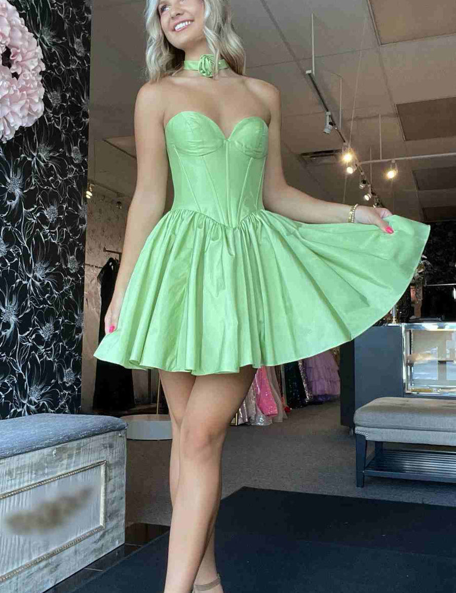 Verde | Sage Green Strapless Satin Short Homecoming Dresses