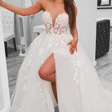 A-Line Sweetheart Tulle Wedding Dresses With Slit