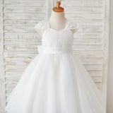 Lace Cap Sleeves Tulle Flower Girl Dress