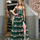 Capri | Green Crystal Sequins Princess A Line Off the Shoulder Prom Dress with Lace Ruffles